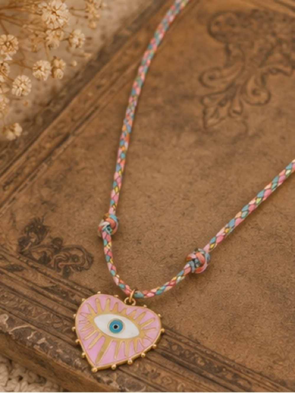 Pink Evil Eye Heart Pendant Braided Cord Necklace | Boho Protection Charm